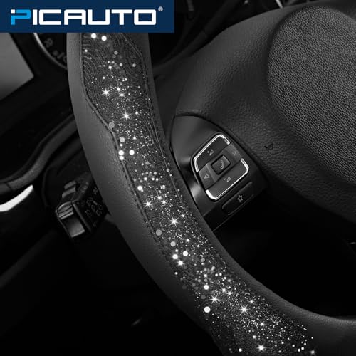 PIC AUTO Steering Wheel Cover, Black Sparkly Crystal Bling Glitter with Leather, Universal Fit 14.5"-15.5" Car Steering Wheels for Girls & Women, Anti-Slip Wheels Cover for Cars, Trucks, Van, SUVs - color: Black Glitter