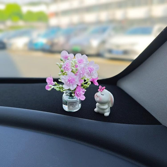 Generic Set of 2 Cute Mini Bunny and Peach Blossom in Flower Vase Car Rearview Mirror Ornaments Funny Dashboard Decorations Kawaii Car Interior Accessories for Women Gifts - color: Peach Blossom