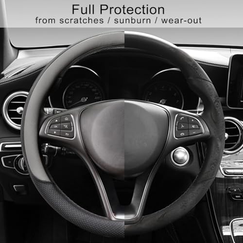 Breathable Steering Wheel Cover Microfiber Leather with Center Mark Design Universal Medium Size 14 1/2-15 Inch Gray and Black - color: Black and Gray Up, size: M (14.5"-15")