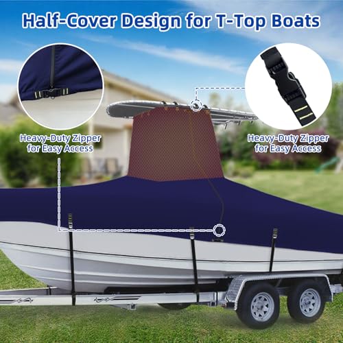 Marine Grade Waterproof Center Console Boat Cover with T Top Roof, Tear Resistant Trailerable Storage Covers, All-Weather Protection T-Top Boat Cover 24-26 ft, Beam Width Up to 112", Navy - color: Navy, size: 24'-26' Long (Beam Width up to 112")