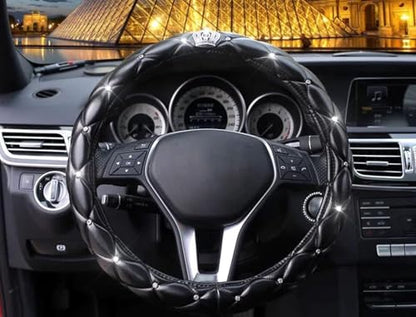 Diamond Black Leather Bling Steering Wheel Cover for Women Car Steering Wheel Protector Queen Rhinestones Anti-Slip Universal Fit 14 1/2-15 inch - color: Crown