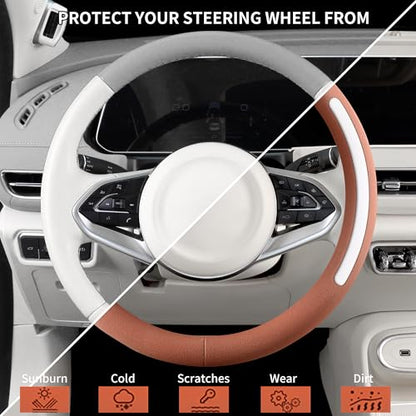 Steering Wheel Cover, Universal 15 inch, Faux Leather Steering Wheel Protector Anti-Slip, Breathable & Heating-Compatible for Cars Trucks SUVs Vans - color: Brown