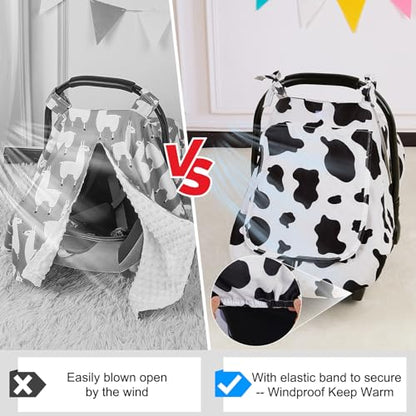 FIOBEE Baby Car Seat Cover, Car Seat Covers for Babies Infant Car Seat Canopy with Breathable Mesh Window Waterproof Carseat Cover for Babies Boy Girl 4 Seasons, White/Cow