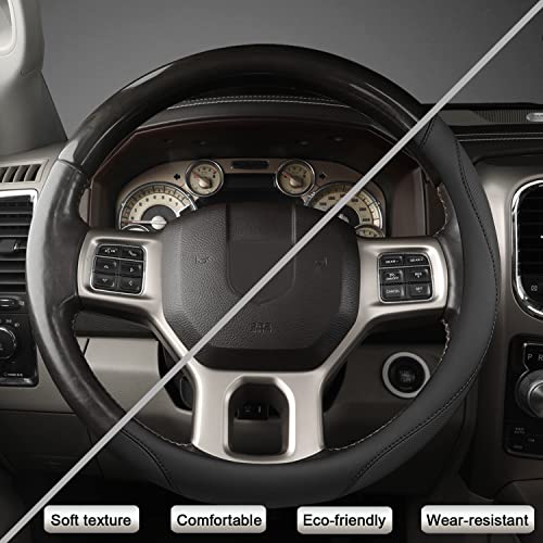 Customized Auto Car Steering Wheel Cover for Dodge RAM 1500 2500 3500, 15.5-16 inch (Black-Large Size)