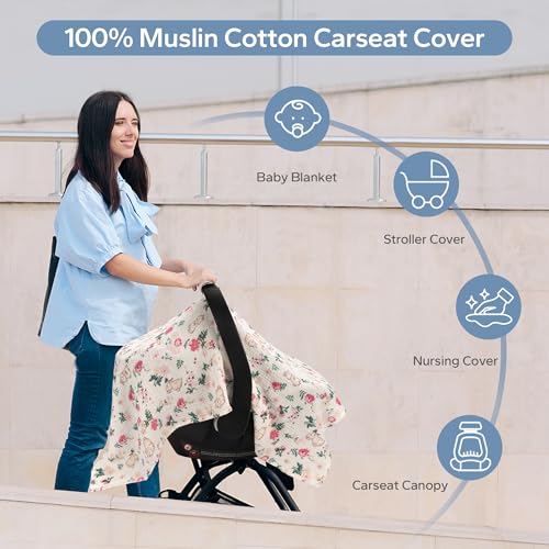 SERAPHY 100% Muslin Cotton Car Seat Covers for Babies, Universal Baby Car Seat Cover, Breathable Muslin Carseat Cover Canopies for Boys and Girls, Soft Infant Car Seat Cover for Summer — Rabbits - color: Rabbits