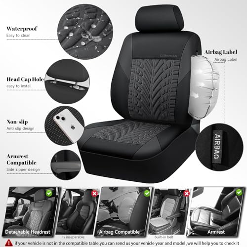 CAR PASS Neoprene Waterproof Seat Covers Full Sets, Wetsuit Car Seat Covers 5 Seats Universal Fit Vans, Truck, SUV, 3D Tyre Embossed Seat Covers Anti Slip with Armrests, Aibag Compatible(Black Gray) - color: Charcoal Neoprene Full sets, size: Full sets