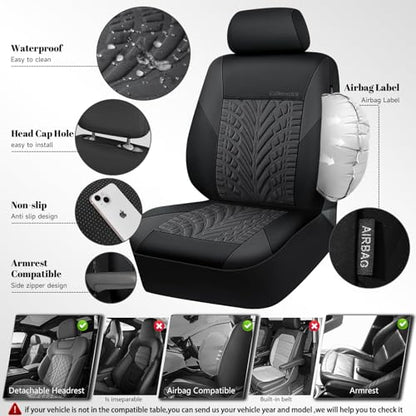 CAR PASS Neoprene Waterproof Seat Covers Full Sets, Wetsuit Car Seat Covers 5 Seats Universal Fit Vans, Truck, SUV, 3D Tyre Embossed Seat Covers Anti Slip with Armrests, Aibag Compatible(Black Gray) - color: Charcoal Neoprene Full sets, size: Full sets