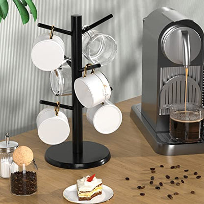 Wisuce Bamboo Coffee Mug Holder Tree, Thicker Base Coffee Cup Holder Stand for Counter, Mug Rack with 6 Hooks (Black) - color: Black