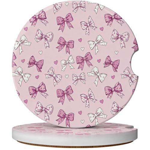 2 Pack Car Coasters for Cup Holders, Absorbent Ceramic Cup Coaster with Cork Base and Finger Notch, Cute Car Accessories Interior for Women Men - color: Bow