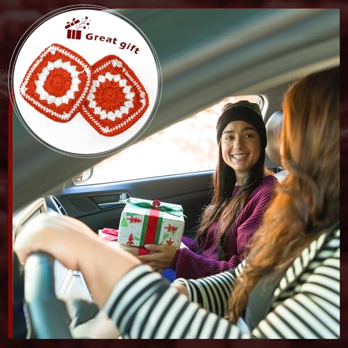 Crochet Steering Wheel Cover, Handmade Red Flower Crochet Fabric Soft Knitted Car Interior Accessories for Women, Cute Steering Wheel Decoration (Red)
