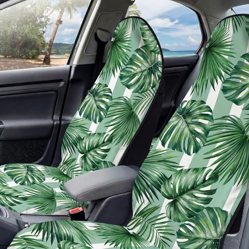 2 Pack Car Seat Towel Covers, Sweat Protector for Front Seats, Premium Thickened Microfiber with Palm Leaves, Breathable & Quick Dry, Slip-on Headrest Pocket for Gym Running Beach Universal Fit - color: Palm Leaves