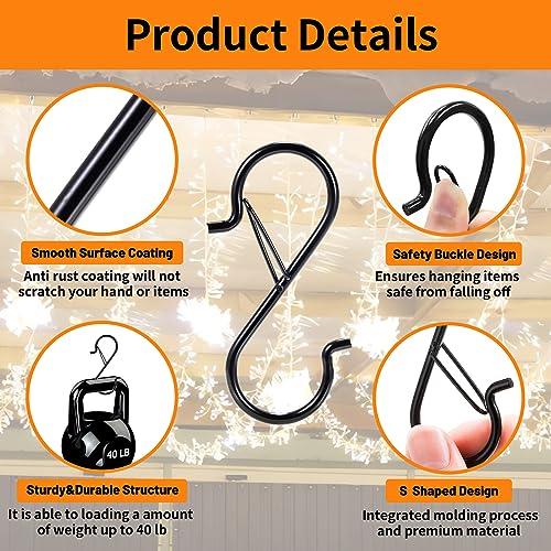 12 PCS S Hooks for Hanging with Safety Buckle, 3.5 inch Heavy Duty Metal S Shaped Hooks for Kitchen Utensil, Cups, Pots, Plants, Bags, Hats (Black) - color: Black