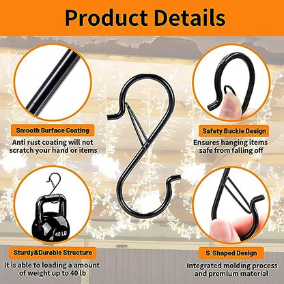 12 PCS S Hooks for Hanging with Safety Buckle, 3.5 inch Heavy Duty Metal S Shaped Hooks for Kitchen Utensil, Cups, Pots, Plants, Bags, Hats (Black) - color: Black