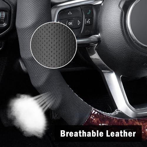 Wood Grain Steering Wheel Cover, Universal 15 Inch, Car Steering Wheel Protector Men Women, Comfort Finger Grips, Breathable Microfiber Leather, Anti-Slip, Black