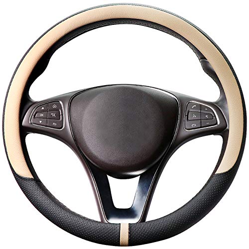 Breathable Car Steering Wheel Cover 15 inch Auto Universal Leather Wrap Non-Slip Steeringwheel Protector Automotive Interior Accessories, Beige (Suit for 14 1/2-15 inch) - color: A-Beige, size: M (14.5"-15")