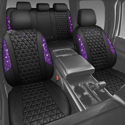 CAR PASS Bling Diamond Leather Car Seat Covers Full Seats Interior Sets, Waterproof Shining Glitter Sparkly Crystal Universal Armrest Fit Automotive Truck SUV Cute Women Girl, Black Purple Rhinestone - color: Purple Rhinestone, size: Full Set
