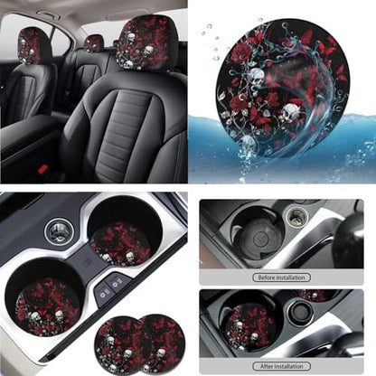 Skull Rose Butterfly Print Red Black 15 Pack Car Seat Cover Set, Car Accessories Set Front Rear Seat Covers Steering Wheel Cover Seat Belt Covers Car Headrest Cover - color: Skull Rose Butterfly Print Red Black