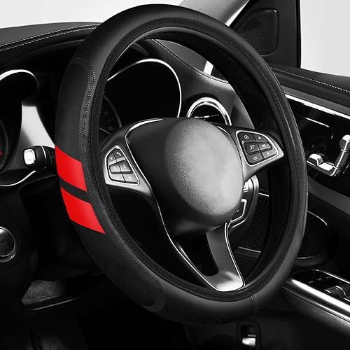 YOSRTER Steering Wheel Cover for Dodge Charger Durango Challenger Journey Ram Breathable Anti-Slip Leather Wheel Covers for Dodge Steering Wheel Accessories Compatible 14-15 Inch（Red Trim） - color: Red Trim
