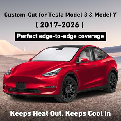 EcoNour Windshield Sun Shade Compatible for Tesla Model 3 & Model Y Juniper 2017-2024 2025 2026, Sun Visor for EV Front Window Sunshade, Foldable Heat & UV Protector, Car Accessories - size: for Tesla Model 3/Y 2017-2026