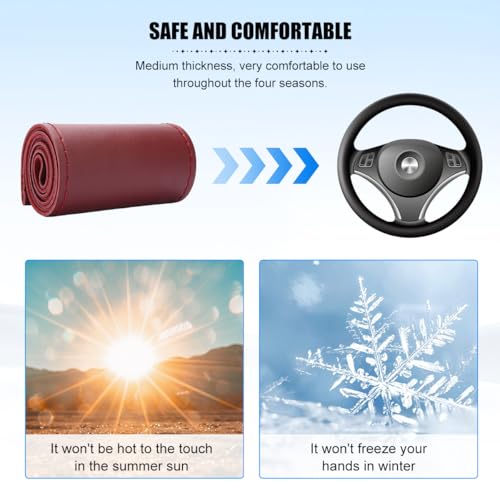 Genuine Leather Car Steering Wheel Cover, Sewing Stitch on Wrap Auto Wheel Cover with Needle Thread, Breathable Anti-Slip Vehicle Steering Stitching Protector, Universal Fit (Wine Red/Glossy) - color: Wine Red/Glossy