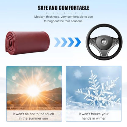 Genuine Leather Car Steering Wheel Cover, Sewing Stitch on Wrap Auto Wheel Cover with Needle Thread, Breathable Anti-Slip Vehicle Steering Stitching Protector, Universal Fit (Wine Red/Glossy) - color: Wine Red/Glossy