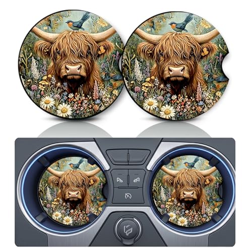 2PCS Highland Cow Car Cup Holder Coasters, Cars Coasters for Cup Holders, 2.75" Universal Anti Slip Rubber Mat with Finger Slot, Highland Cow Car Accessories Interior Decor, Cow Gifts for Women, Men - color: Highland Cow