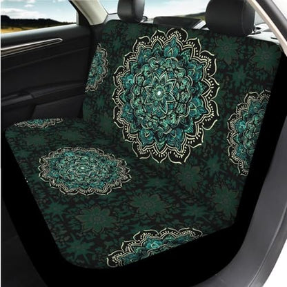 14 Pcs Green Mandala Car Seat Covers with Steering Wheel Cover,Seat Belt Covers Cup Holder with Keychain,Novelty Automotive Protector Set Universal Fit Cars SUV Truckss,Green
