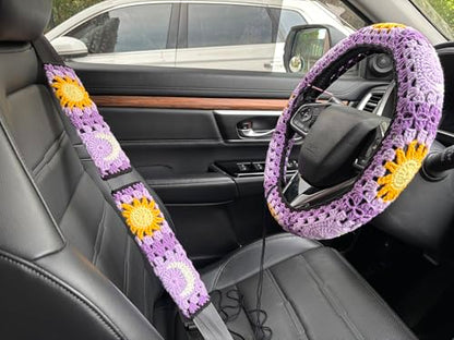 Handmade Crochet Sun Moon Car Steering Wheel Covers Universal 14-15 inch,Cute Steering Wheel Cover,Car Accessories (B:Wheel Cover+2 Belt Cover) - color: B:Wheel Cover+2 Belt Cover