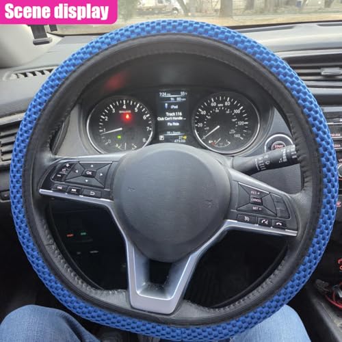 Elastic Stretch Steering Wheel Cover, Anti-Slip 15 inch Microfiber Odorless Breathable Ice Silk Car Steering Wheel Protector, Easy Carry, Warm in Winter & Cool in Summer (Blue) - color: Blue