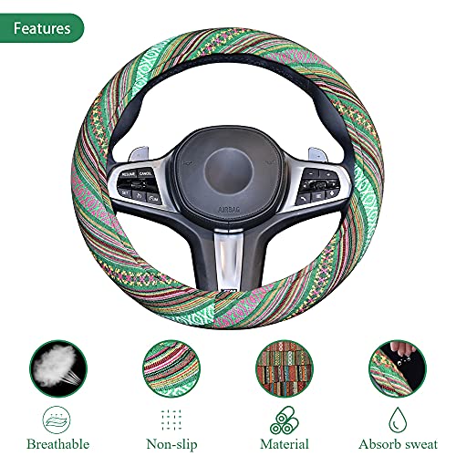Universal 15inch Ethnic Style Baja Blanket Steering Wheel Cover with Coarse Flax Cloth and Sweat Absorption Anti Slip Car Wrap (Boho Green) - style: Boho Green