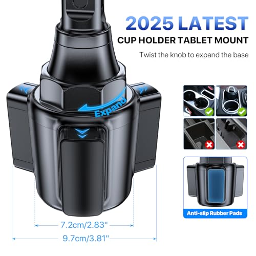Miracase Cup Holder Tablet Mount for Car, [2025 Latest Upgraded] Adjustable Long Neck Car Tablet Holder Friendly Compatible with iPad, Pro, Air, Mini Samsung Galaxy Tab, All 6.1-12.9" Tab - color: Black-Tablet Mount