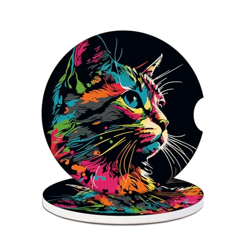 Car Cup Holders Coasters - Colorful Cat Absorbent Ceramic Coaster, Drink Cup Holder Coasters, Auto Interior Accessories for Women & Men Pack of 2 - color: Colorful Cat