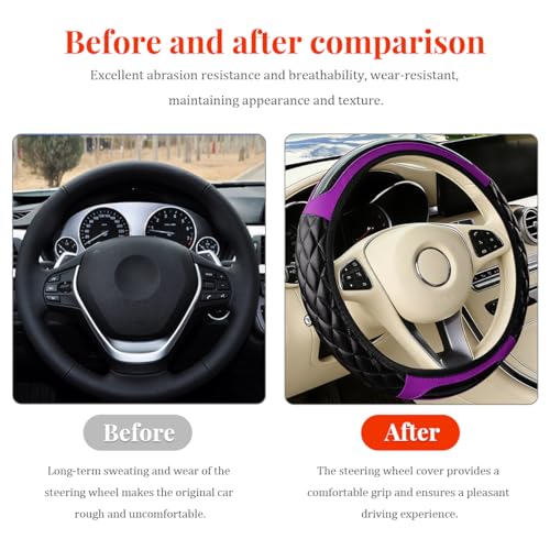 Car Accessories Set, 14.5-15" Leather Vehicle Steering Wheel Cover, Seat Belt Cushion, Gear Shift and Handbrake Cover, Center Console Protector, Universal for Truck SUV Van (Purple) - color: Purple
