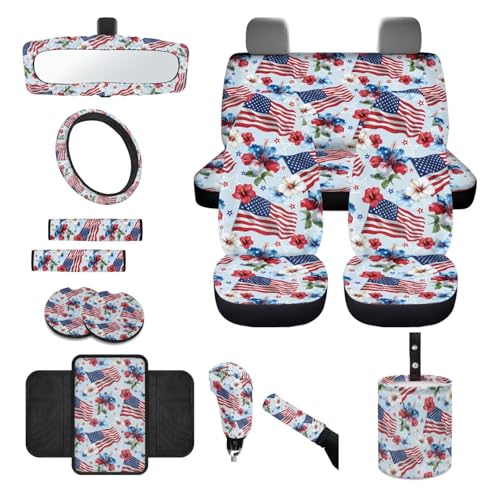 Wanyint 14 PCS Car Seat Covers Set, Auto Seat Protector Steering Wheel Seat Belt Cover Garbage Bag Armrest Handbrake Rear View Mirror Protector Coasters for 4th of July, American Flag Hibiscus Blue - color: American Flag Hibiscus Blue