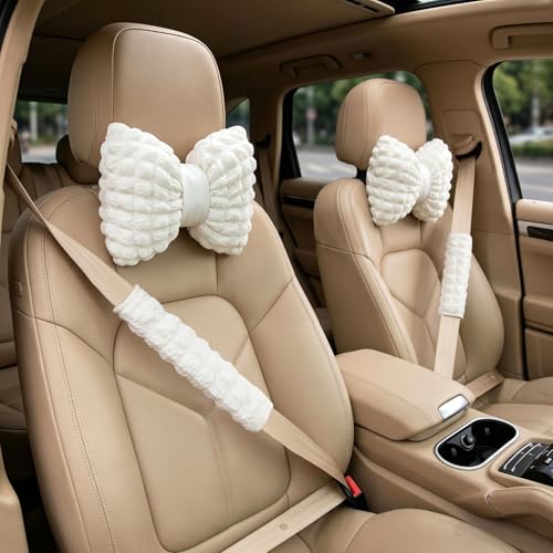 Bak Bo 4 Pack Car Neck Pillow with Seat Belt Covers, White Bow Car Headrest Pillow, Cute Girl Butterfly Shaped Car Seat Decoration Accessory for Driving Travel JZ-WT4