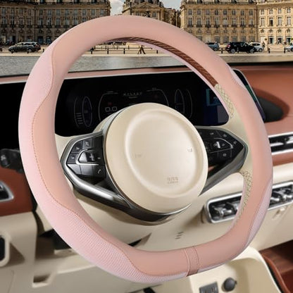 Nappa Leather Pink D Shape Steering Wheel Cover, Advanced Microfiber Leather Non-Slip Breathable Fabric, Warm in Winter and Cool in Summer, Universal 15 inch - color: Pink, size: D Shape-M[14.5''-15'']