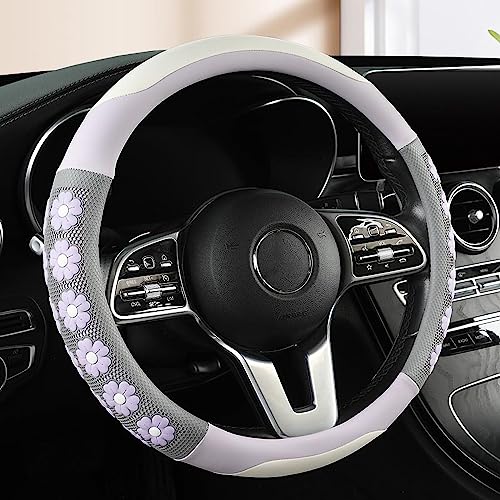Car Steering Wheel Cover for Women Cute Flower Purple Steering Wheel Cover Leather Non-Slip Fit 15 inch - color: Purple