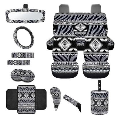 Wanyint Car Seat Covers Set 14 Pack, with Steering Wheel Safe Belt Pads Handbrake Set Coasters Garbage Container Rear View Mirror Center Console Cover Auto Accessories, Aztec Navajo Zebra Print - color: Aztec Navajo Zebra Print