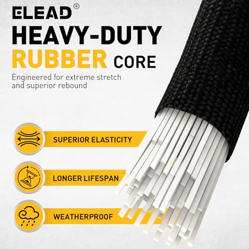 Bungee Cord Roll with 40-Piece Adjustable Hooks, 1/3" x 65ft Heavy Duty Outdoor Bungee Cords, Marine Grade Black Super Elastic Cord with Carabiner Hooks for Cargo, Camping, Bike Racks, Tents