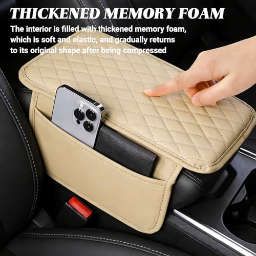 Car Center Console Cover, Upgraded Microfiber Car Armrest Cover Cushion, with 2 Storage Bags Scratch, Resistant Leather Cars Armrest Storage Box Universal Vehicles Accessories (Beige) - color: Beige