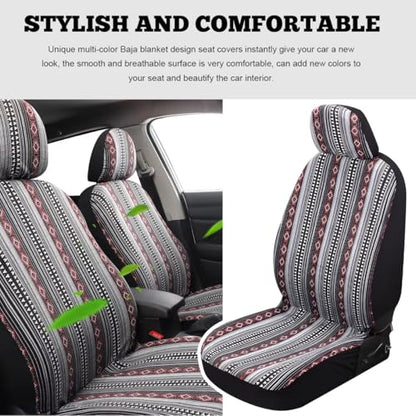 9PCS Baja Saddle Blanket Car Seat Covers, Front Set Breathable Washable Seat Covers with Seatbelt Pad, Striped Woven Cloth Airbag Compatible Seats Protector for Most Vehicles (Black White Red) - color: Black White Red