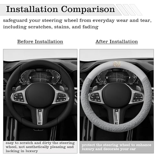 Gray Camellia Lambswool Steering Wheel Cover, for Universal Auto Steering Wheel 14.5-15 in, Lambswool Fabric, Anti-Slip, Soft Plush, Comforting and Luxurious, Embroidery Patterns, Soft Texture - color: Gray