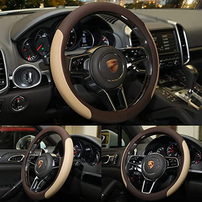 Steering Wheel Cover, Microfiber Leather Splicing with Classic Embossing,Contrasting Colors Anti-Slip Breathable Auto Car Steering Wheel Cover Fit 15 Inch Car Wheel Protector (Coffee&Beige) - color: Coffee&Beige