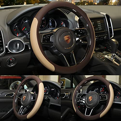 Steering Wheel Cover, Microfiber Leather Splicing with Classic Embossing,Contrasting Colors Anti-Slip Breathable Auto Car Steering Wheel Cover Fit 15 Inch Car Wheel Protector (Coffee&Beige) - color: Coffee&Beige
