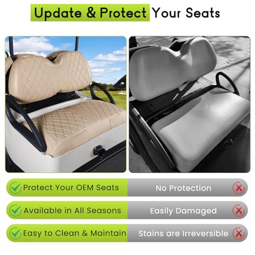Golf Cart Seat Covers Full Set Front & Rear Kit for Club Car Tempo OEM, Premium Vinyl Leather Replacement Cushion Covers, No Tools Needed & Easy to Clean (Beige) - color: Beige, size: Fit Club Car Tempo OEM Seat