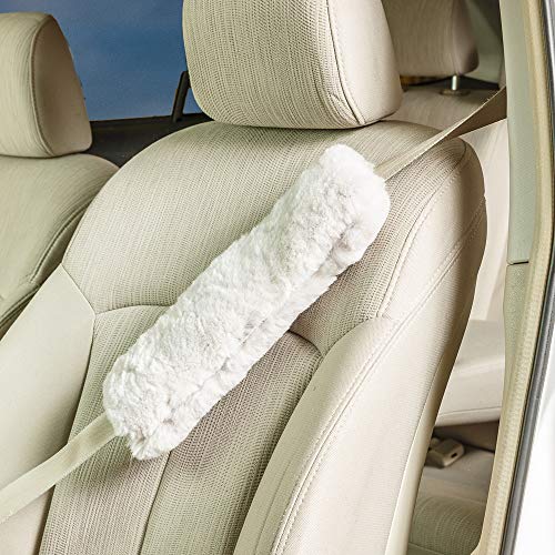 Twin Pack! Soft, Comfortable Universal Fitting Genuine Merino Sheepskin Seat Belt Shoulder Cover Pads for Adults, Children, Youth. Multiple Colors Available (White)
