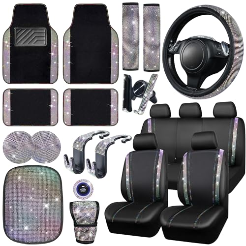 CAR PASS 23 PCS Bling Diamond Car Accessories Set for Women, Leather Car Seat Covers Full Set Sparkly Rhinestone15'' Steering Wheel Covers Shining Diamond Floor Mats Car Interior Sets, Multicolor - color: Multicolor Diamond