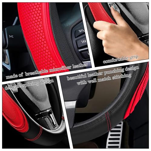 Red Film Splicing Leather Steering Wheel Cover, Microfiber Leather, Anti-Slip, Breathable, Universal Fit for 14.5–15 in Steering Wheel Cover for Men Women - color: Film-Grained - Red