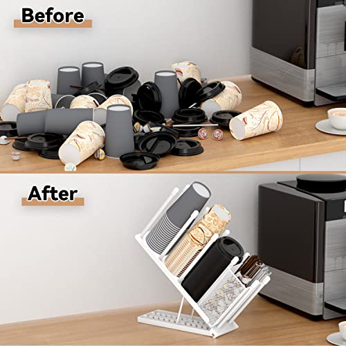 OVICAR Cup and Lid Holder - Adjustable Coffee Cup Holder Organizer 4 Compartment Disposable Paper Plastic Cup Dispenser with Straw Storage Basket for Coffee Bar Station Breakroom Countertop White - color: White