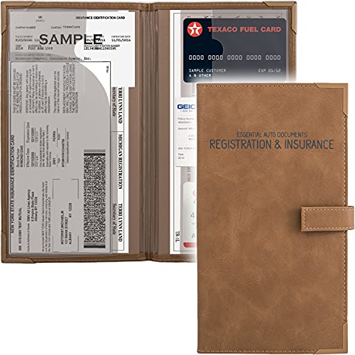 Auto Insurance and Registration Card Holder - Vehicle Glove Box Document Organizer - Car Essential Paperwork Holder for DMV, AAA, Contact Information Cards - Premium PU Leather Wallet Case - Brown - color: Brown